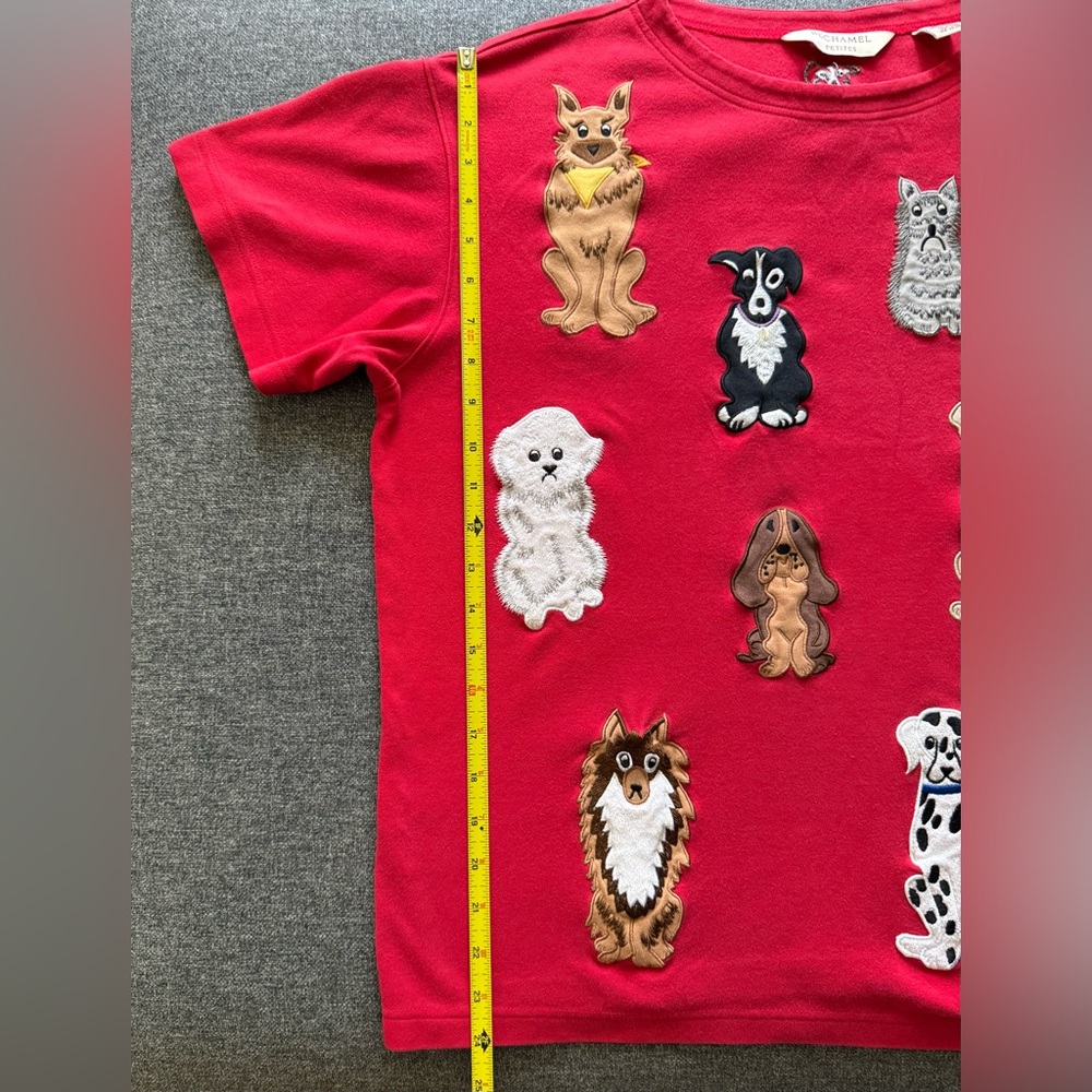 Bechamel Womens Cotton T-Shirt Red Short Sleeve Dog Embroidered Sz Petite Large - Picture 8 of 13